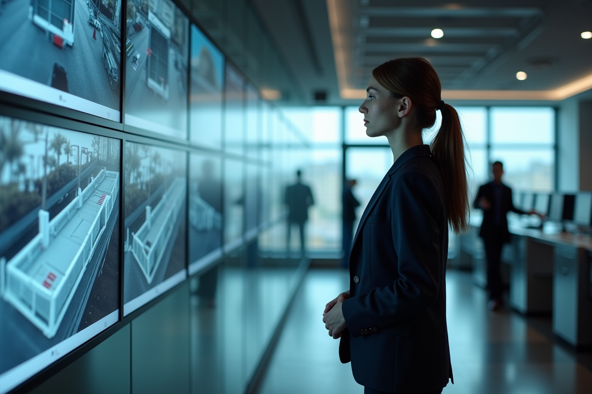 Jeune femme surveillant des écrans de sécurité modernes
