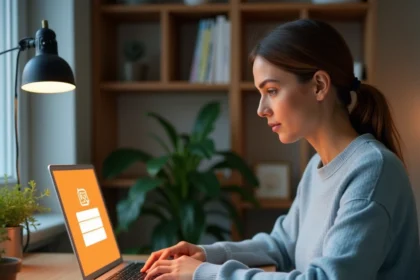 Femme créant une boîte mail Orange sur un ordinateur portable dans un bureau à domicile moderne