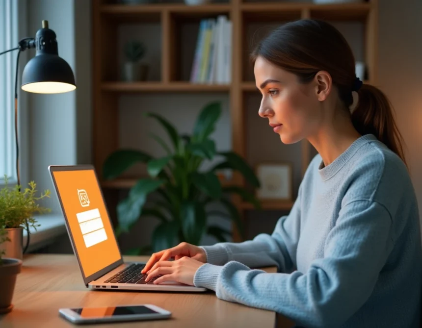 Femme créant une boîte mail Orange sur un ordinateur portable dans un bureau à domicile moderne