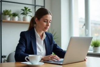 Femme professionnelle créant un site vitrine avec un outil no-code dans un bureau moderne