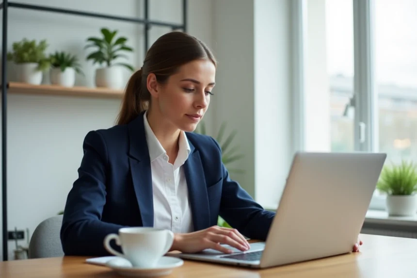 Femme professionnelle créant un site vitrine avec un outil no-code dans un bureau moderne