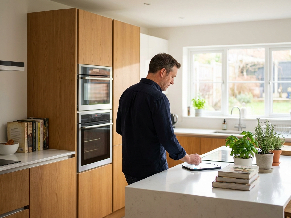 Cuisine équipée spacieuse avec colonne de fours encastrables superposés en bois chêne et homme consultant une tablette