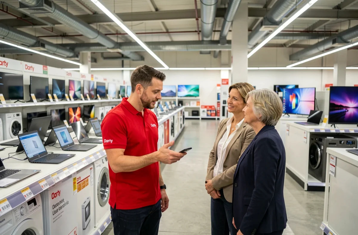 Intérieur du magasin Darty à Rosny avec un vendeur conseillant des clients devant un rayon d'appareils électroniques et d'ordinateurs
