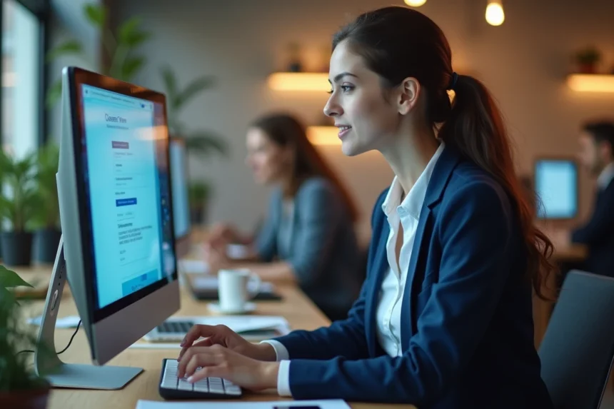 Jeune femme découvrant des métiers numériques sur un site de carrières dans un espace de coworking moderne