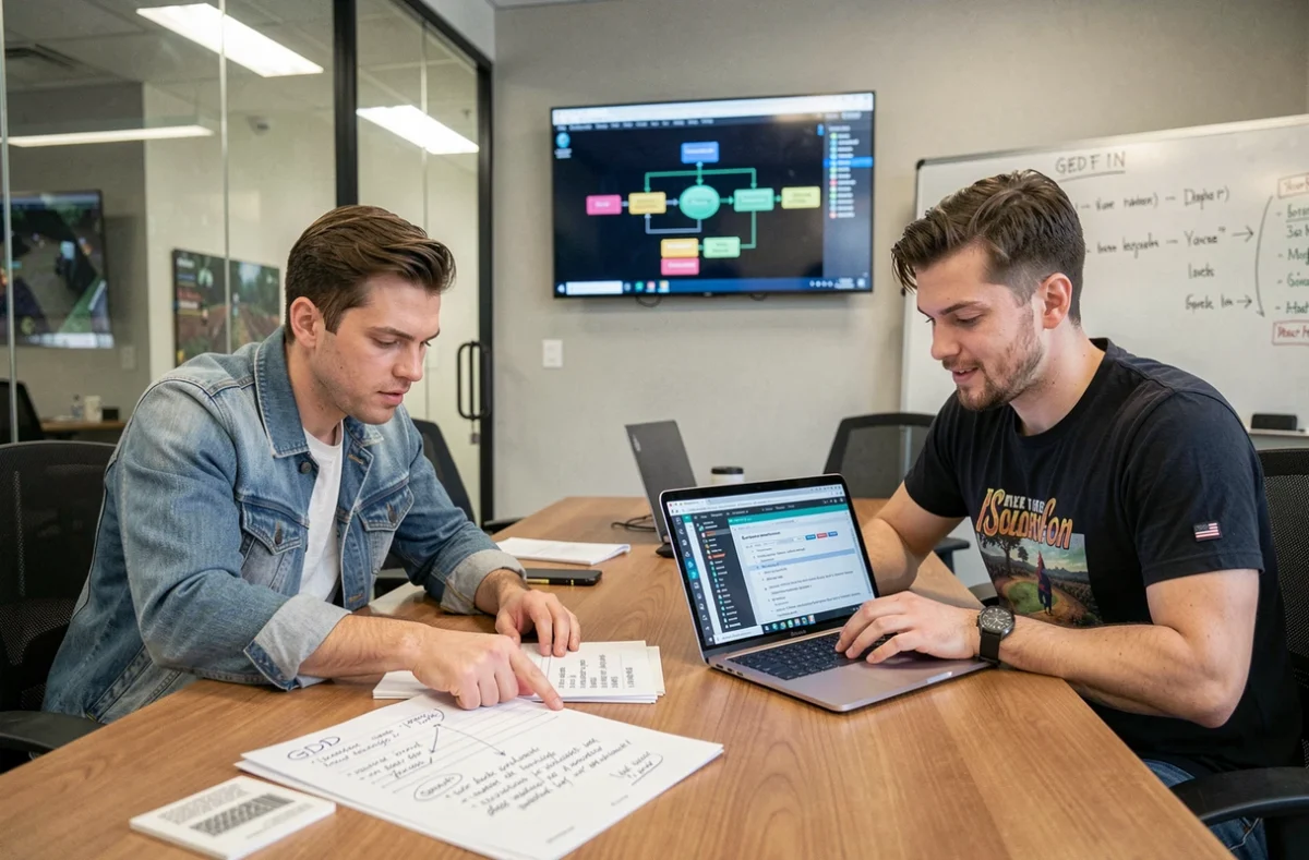 Deux développeurs de jeux vidéo en réunion autour d'un Game Design Document imprimé et annoté, dans un studio de développement moderne
