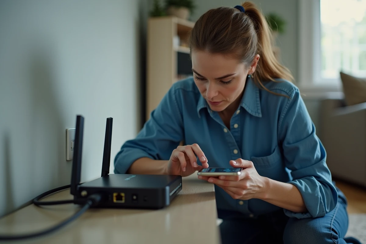 Femme inspectant un routeur Wi-Fi domestique en tenant un smartphone affichant les paramètres réseau