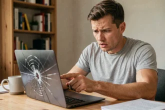 Homme frustré examinant un écran de MacBook cassé après réparation, assis à un bureau en bois dans un bureau à domicile