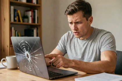 Homme frustré examinant un écran de MacBook cassé après réparation, assis à un bureau en bois dans un bureau à domicile
