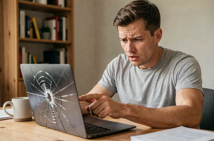 Homme frustré examinant un écran de MacBook cassé après réparation, assis à un bureau en bois dans un bureau à domicile