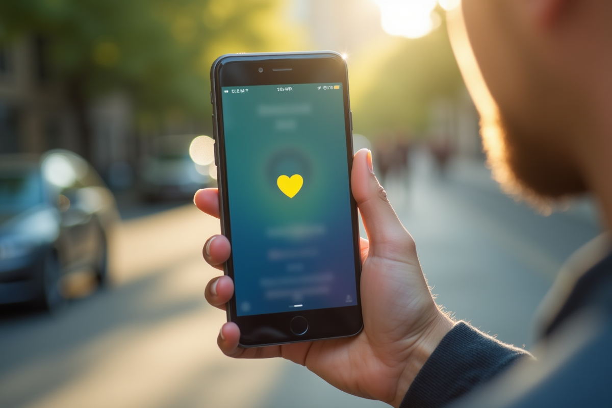 Smartphone en main avec emoji coeur jaune s'effaçant