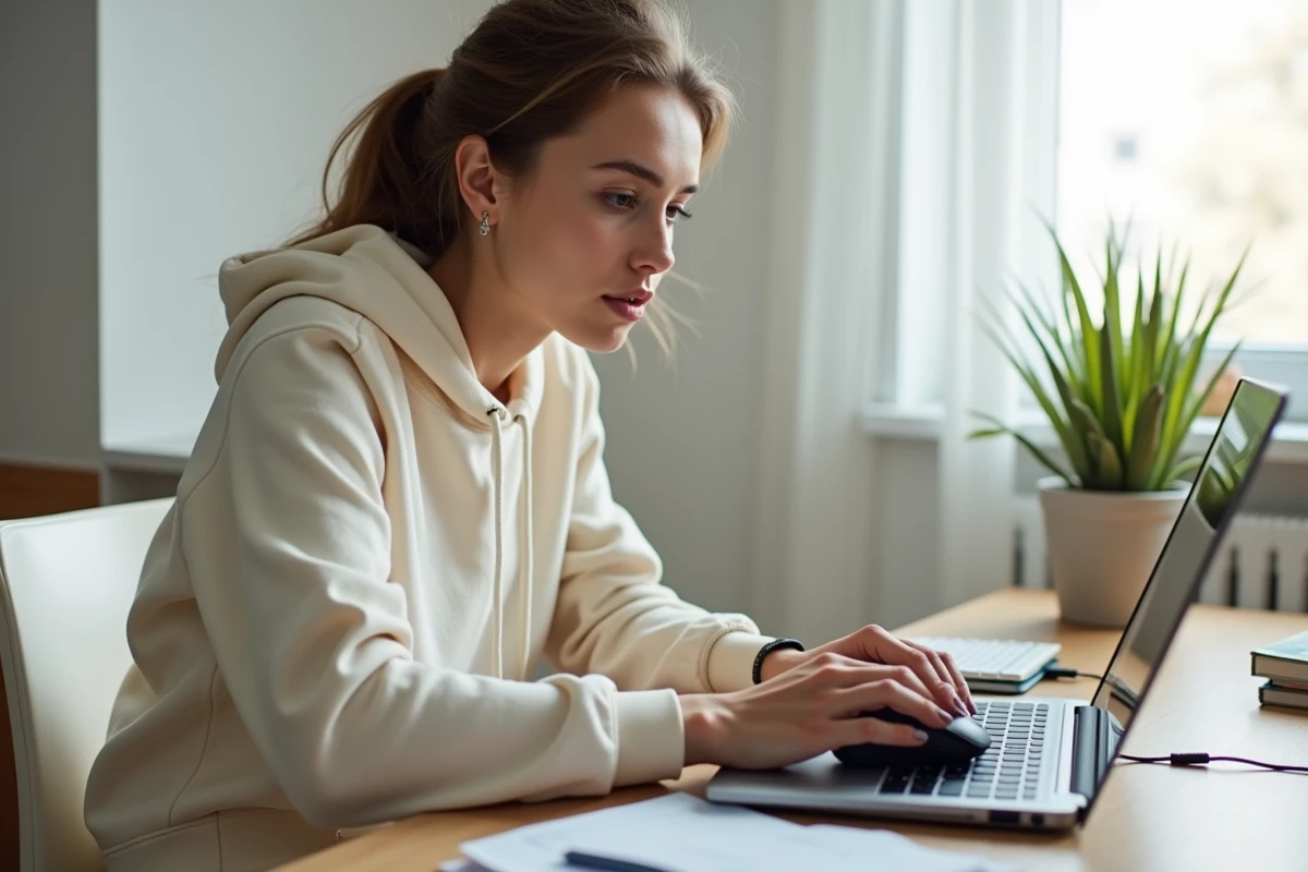 Jeune femme s'entraînant à augmenter sa vitesse de clic sur souris gaming dans un appartement étudiant minimaliste