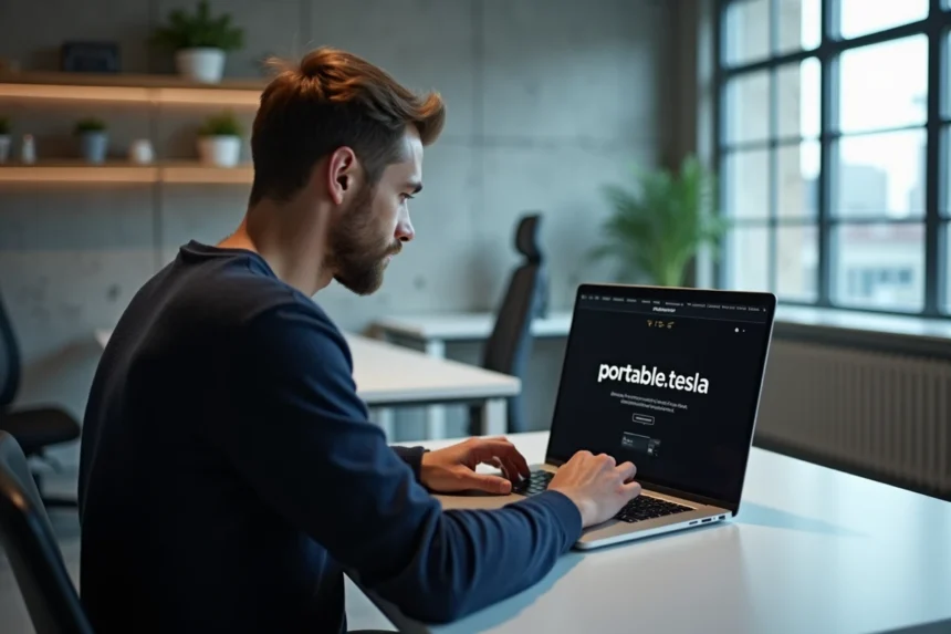 Entrepreneur tech analysant le site mystérieux portable.tesla sur un ordinateur portable dans un bureau moderne