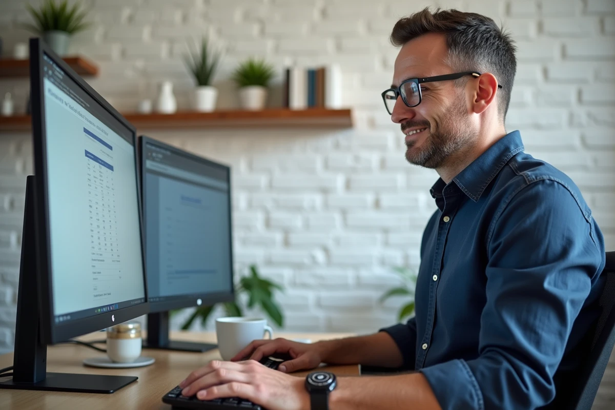 Entrepreneur consultant consultant les prix d'un logiciel emailing depuis son bureau à domicile