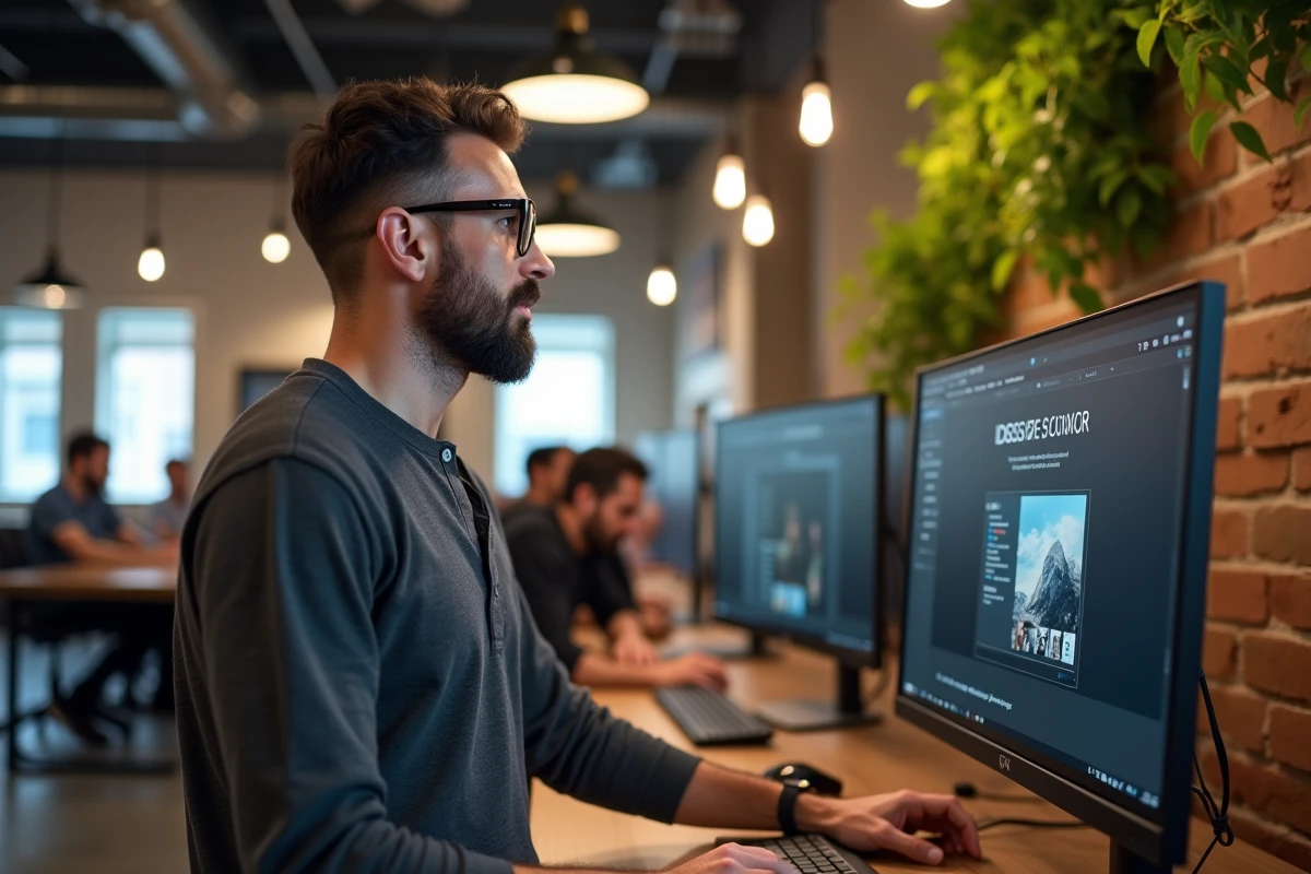 Entrepreneur masculin configurant un site internet professionnel sur grand écran dans un espace de coworking