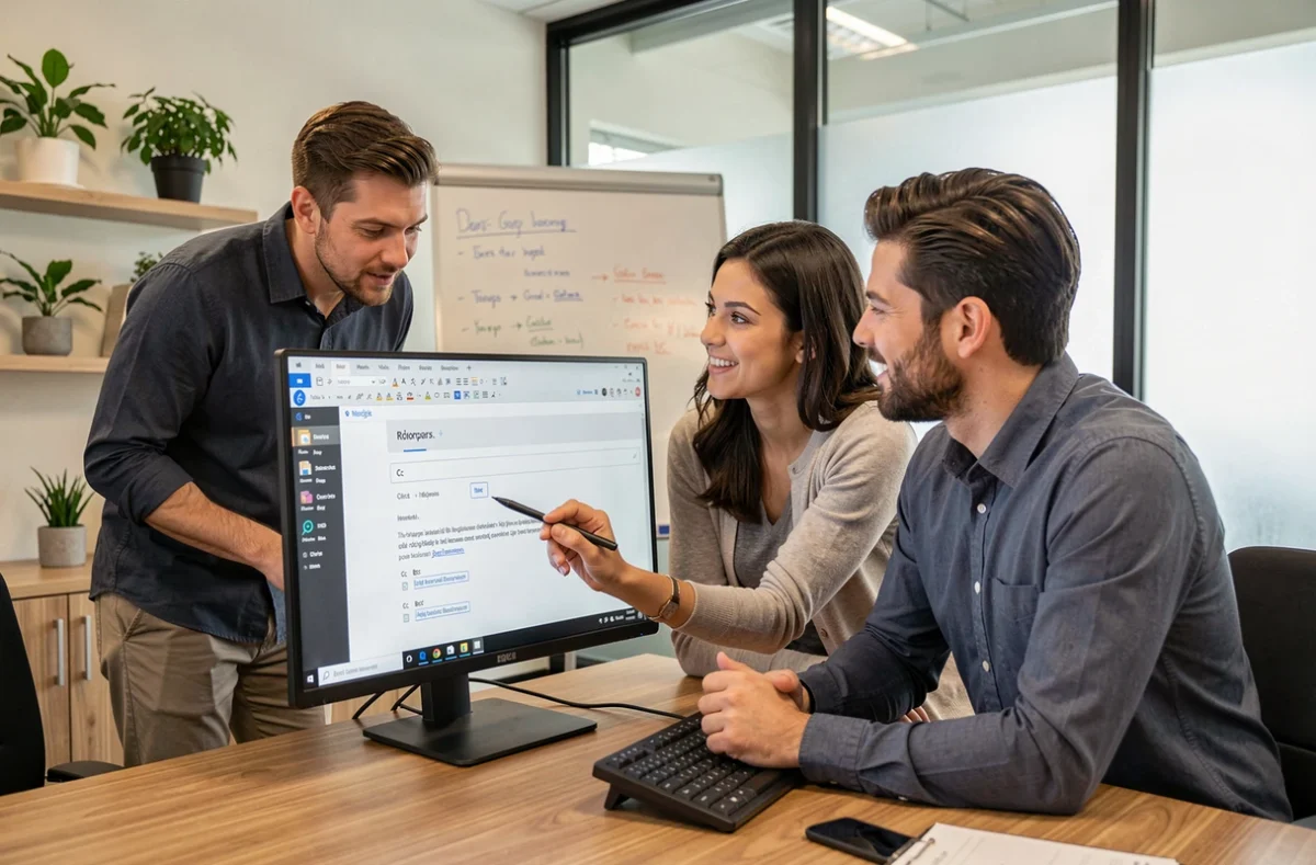 Équipe de collègues en réunion discutant des règles d'utilisation des champs Cc et Cci dans un email professionnel