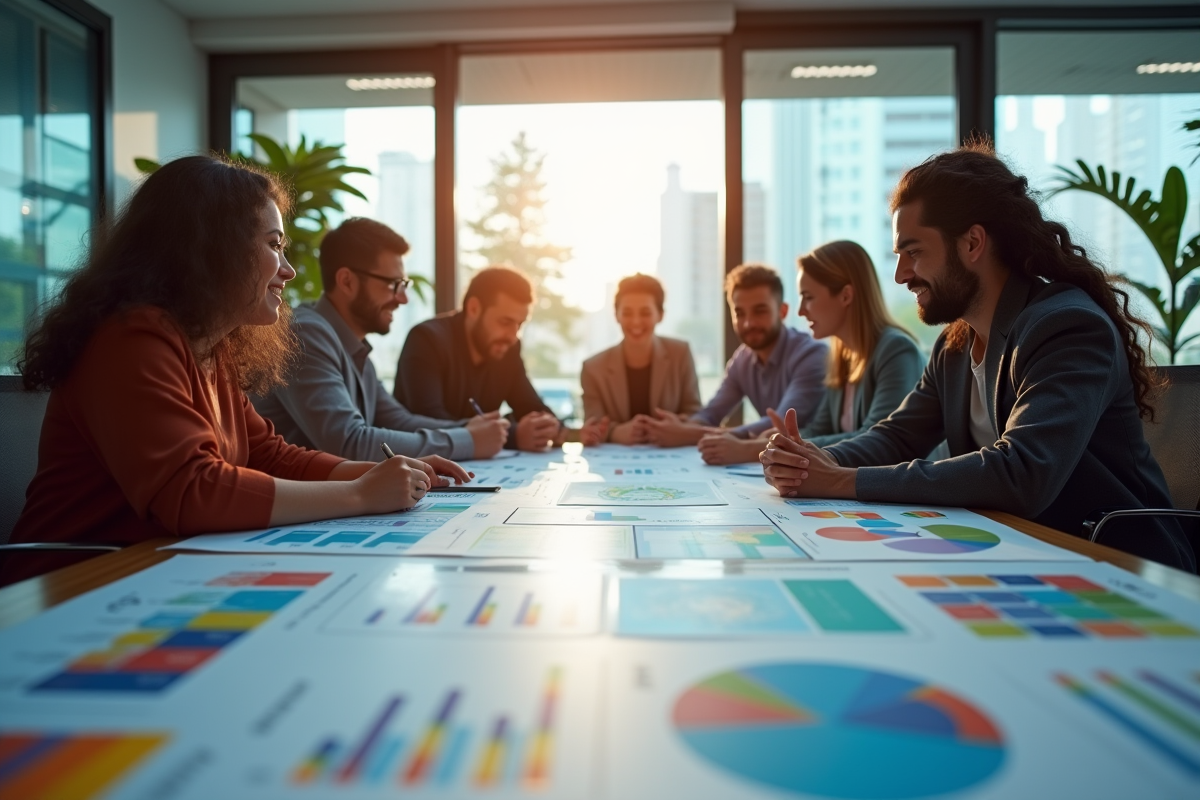 Groupe de personnes collaborant autour de graphiques SEO colorés