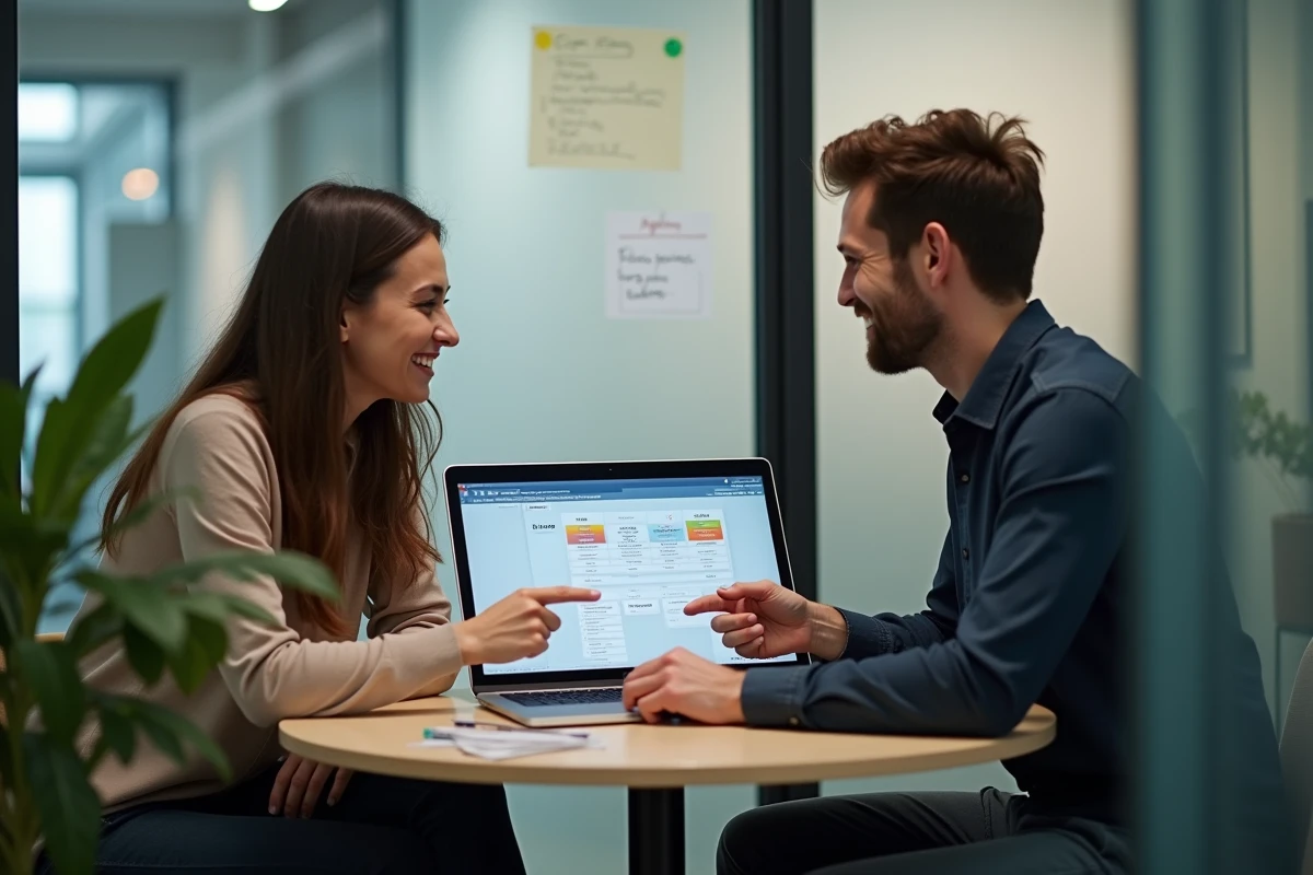 Équipe marketing discutant des tarifs d'un logiciel emailing lors d'une réunion en startup