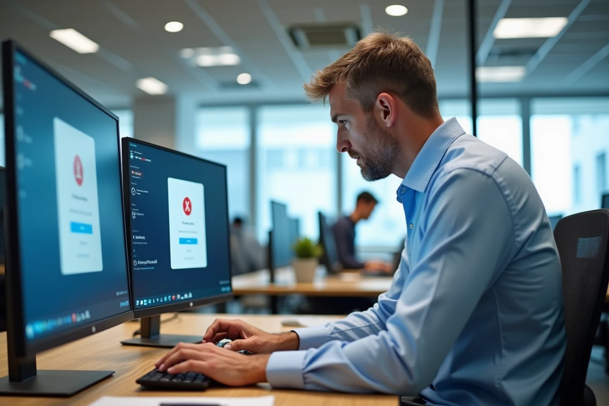Employé de bureau confronté à une erreur d'authentification sur l'interface webmail au travail