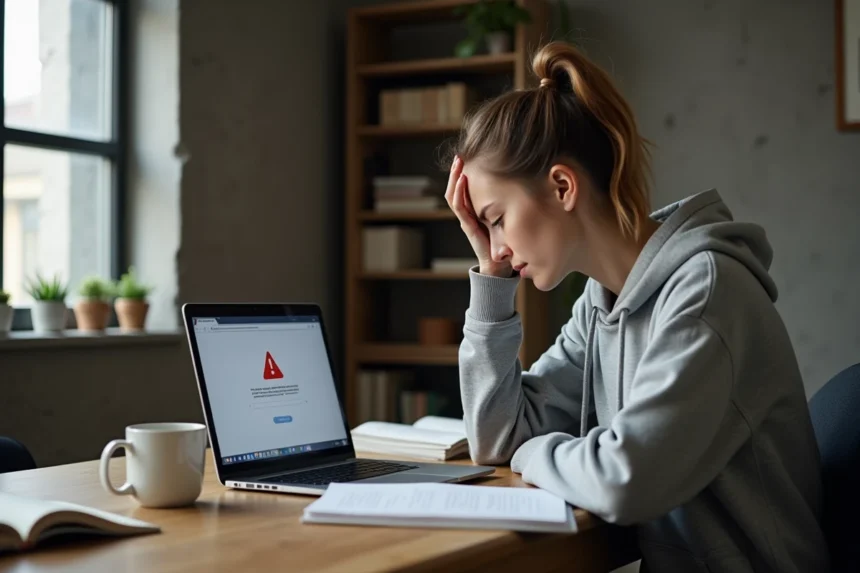 Étudiante frustrée devant une erreur de connexion sur son webmail universitaire depuis son appartement