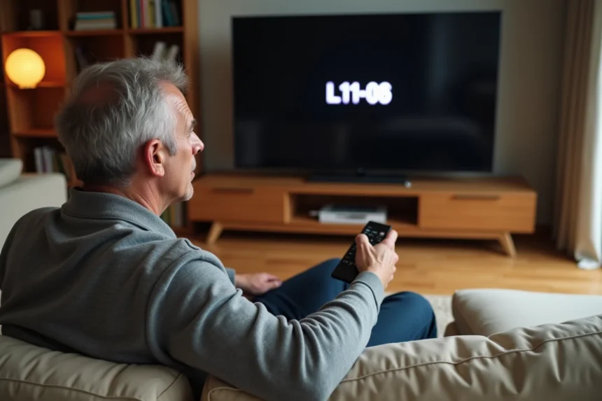 Homme tenant une télécommande face à un écran de décodeur affichant l'erreur L11-06 dans un salon moderne