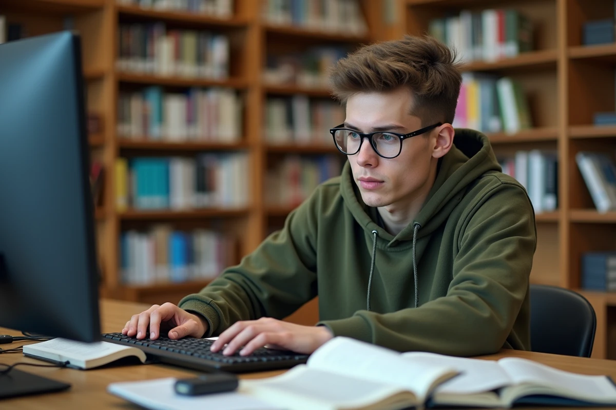Étudiant en bibliothèque téléchargeant et archivant des vidéos pédagogiques sur ordinateur de bureau