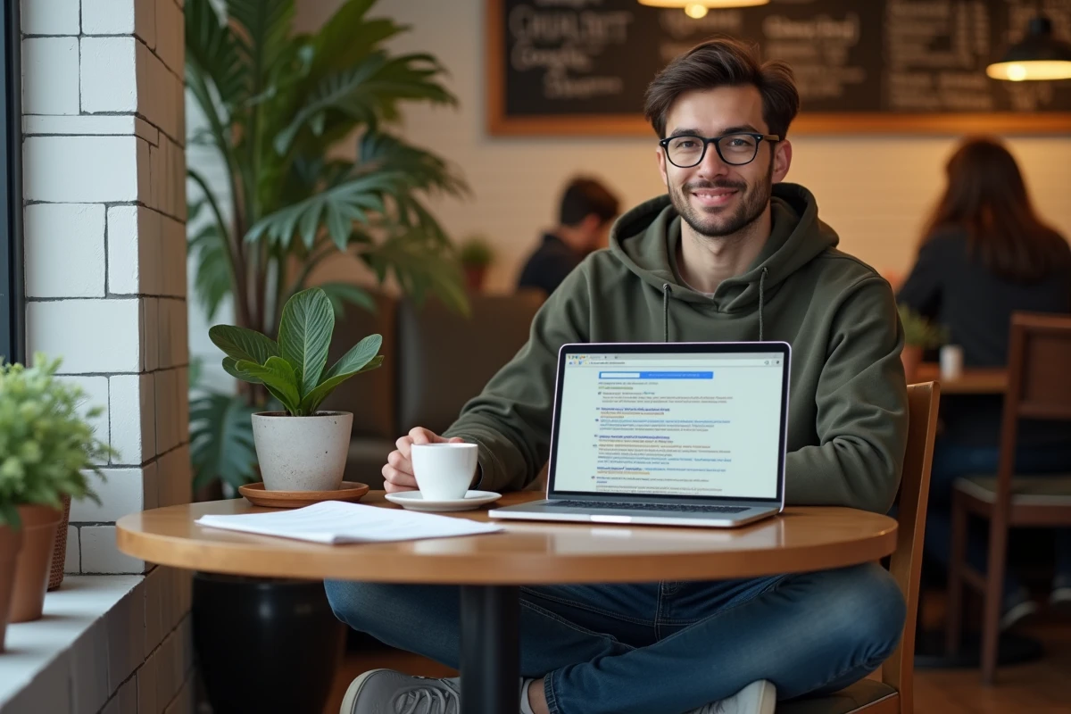 Étudiant consultant des sources universitaires américaines sur Google depuis un café urbain