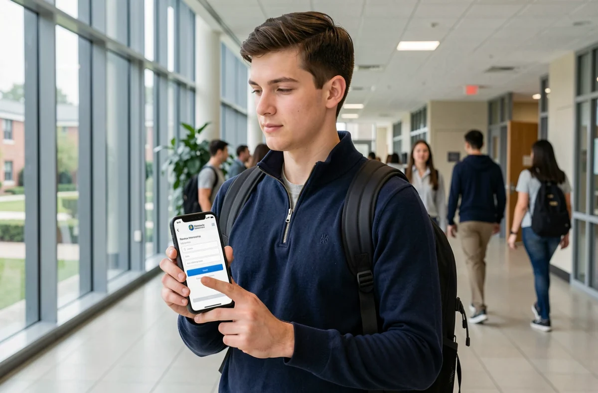 Nouvel étudiant de l'université Lyon 3 accédant à l'intranet via son smartphone dans le couloir du campus