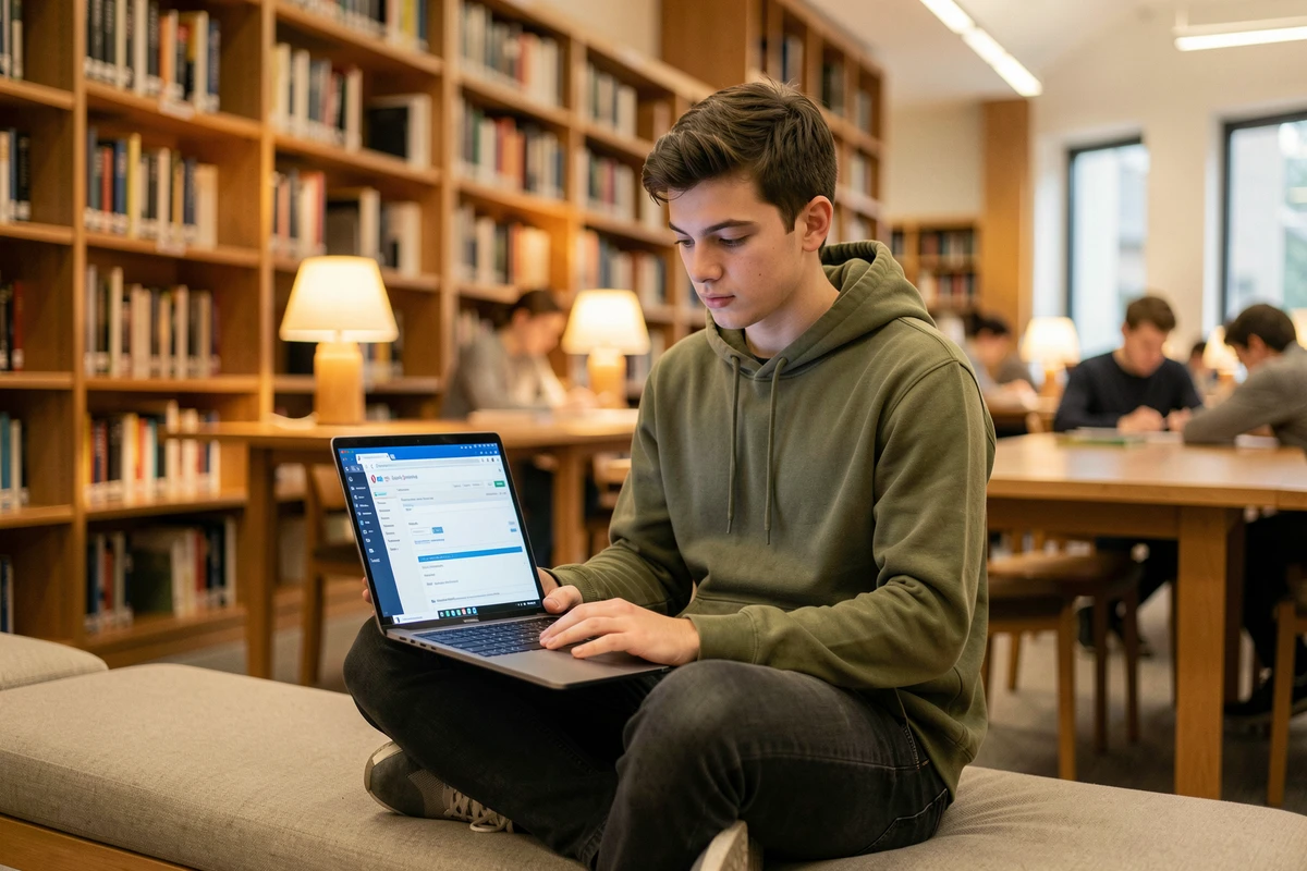 Étudiant configurant les notifications et le transfert d'emails sur le webmail universitaire dans une bibliothèque moderne