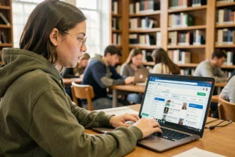 Étudiante de Lyon 3 consultant l'intranet universitaire sur son ordinateur portable dans la bibliothèque universitaire