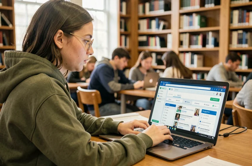 Étudiante de Lyon 3 consultant l'intranet universitaire sur son ordinateur portable dans la bibliothèque universitaire