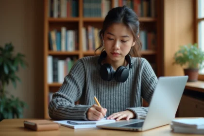 Jeune femme prenant des notes depuis une vidéo YouTube sur son ordinateur portable pour ses cours