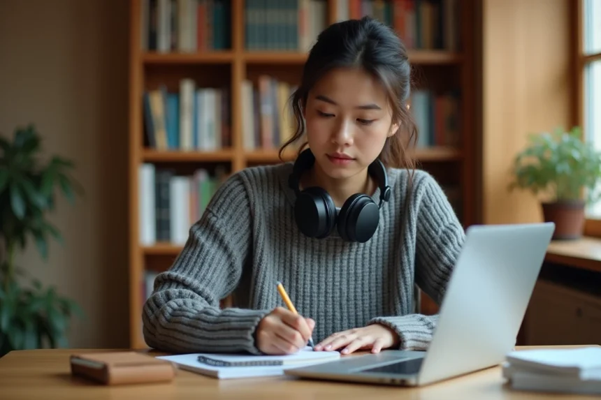 Jeune femme prenant des notes depuis une vidéo YouTube sur son ordinateur portable pour ses cours