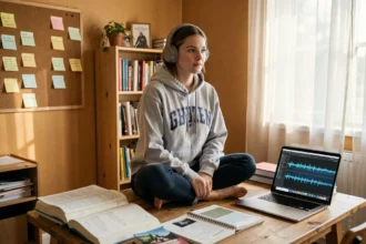 Étudiante écoutant de la musique convertie en MP3 depuis YouTube pour ses révisions, avec un casque audio et des notes de cours sur un bureau en bois