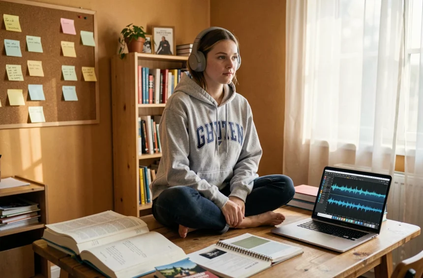 Étudiante écoutant de la musique convertie en MP3 depuis YouTube pour ses révisions, avec un casque audio et des notes de cours sur un bureau en bois
