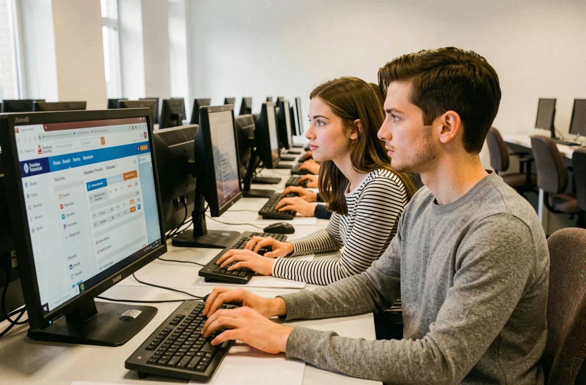 Deux nouveaux étudiants de Lyon 3 explorant ensemble l'intranet universitaire dans une salle informatique du campus
