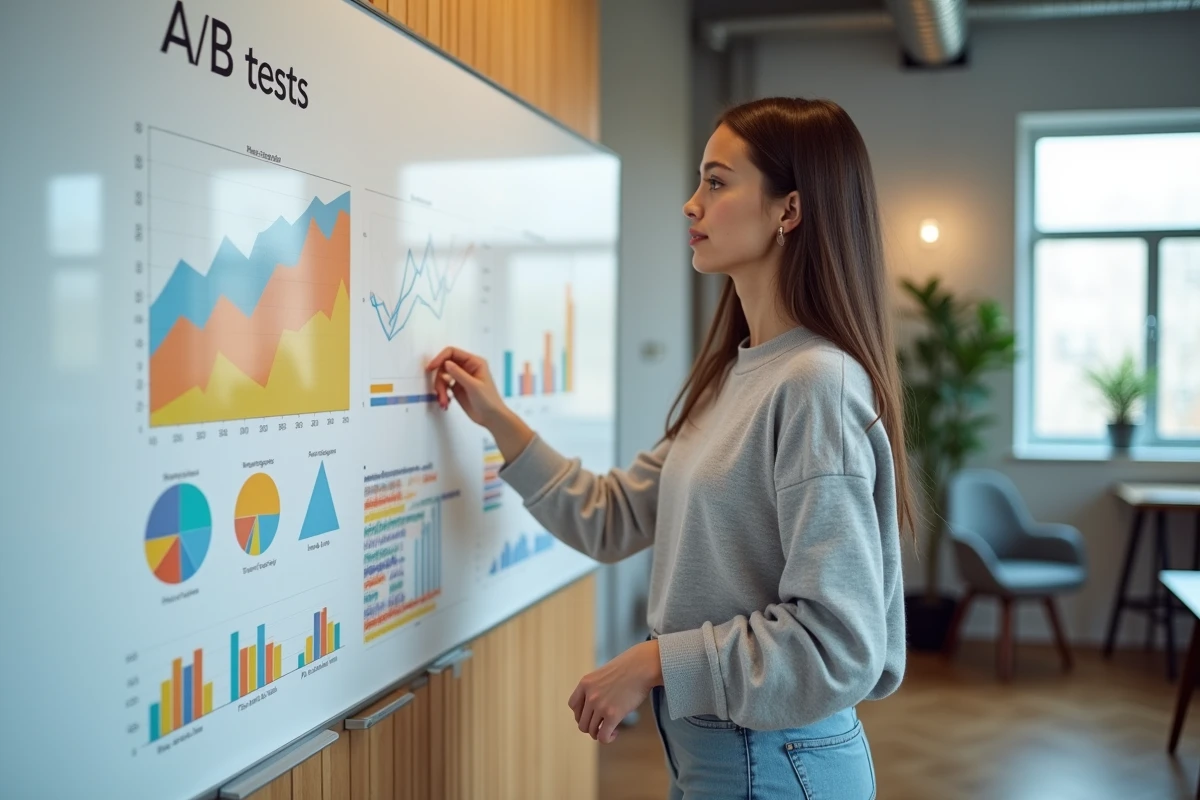 Femme en réunion expliquant résultats avec tableau blanc