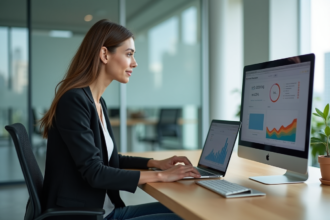 Jeune femme analysant des graphiques web dans un bureau lumineux