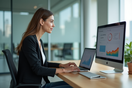 Jeune femme analysant des graphiques web dans un bureau lumineux