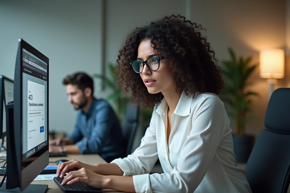 Femme en bureau moderne analysant une erreur d'accès refusé sur un navigateur web