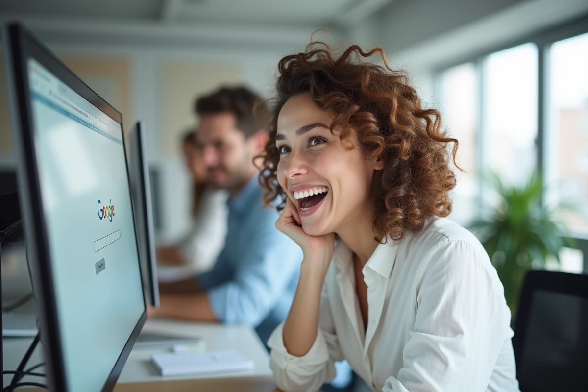 Femme surprise devant un écran d'ordinateur affichant Google Chrome avec la fonction Do a Barrel Roll activée