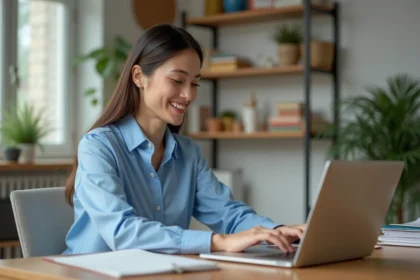 Femme concentrée sur son ordinateur dans un bureau lumineux