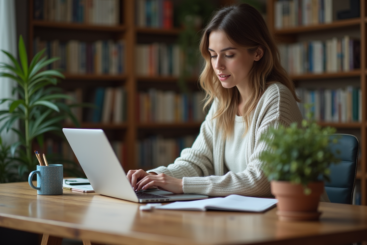 Jeune femme au bureau à domicile en train de travailler
