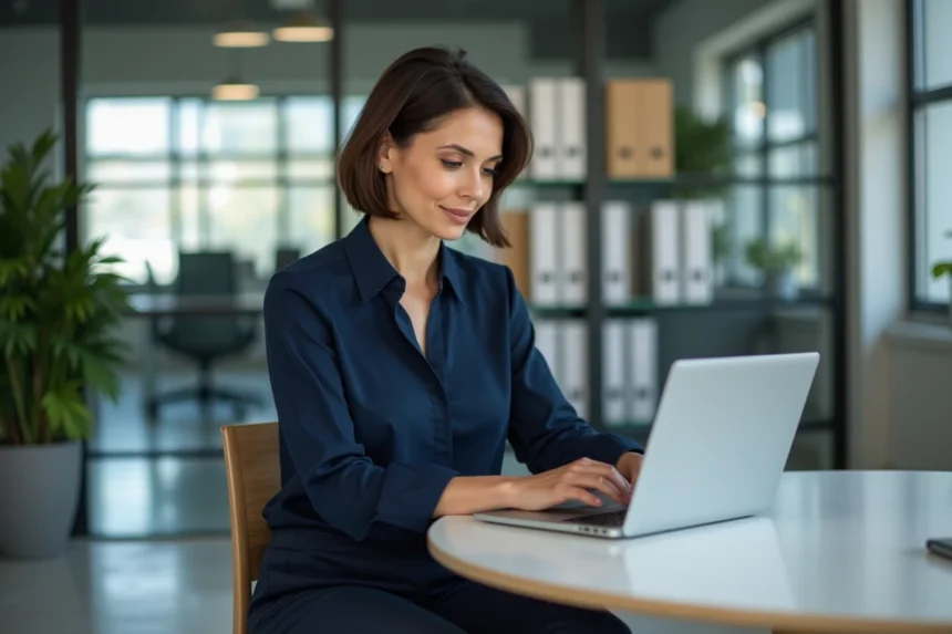Femme d'âge moyen au bureau vérifiant ses emails