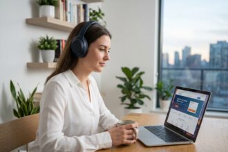 Jeune femme au bureau compare des options d'assurance