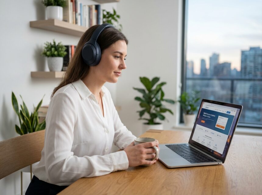 Jeune femme au bureau compare des options d'assurance