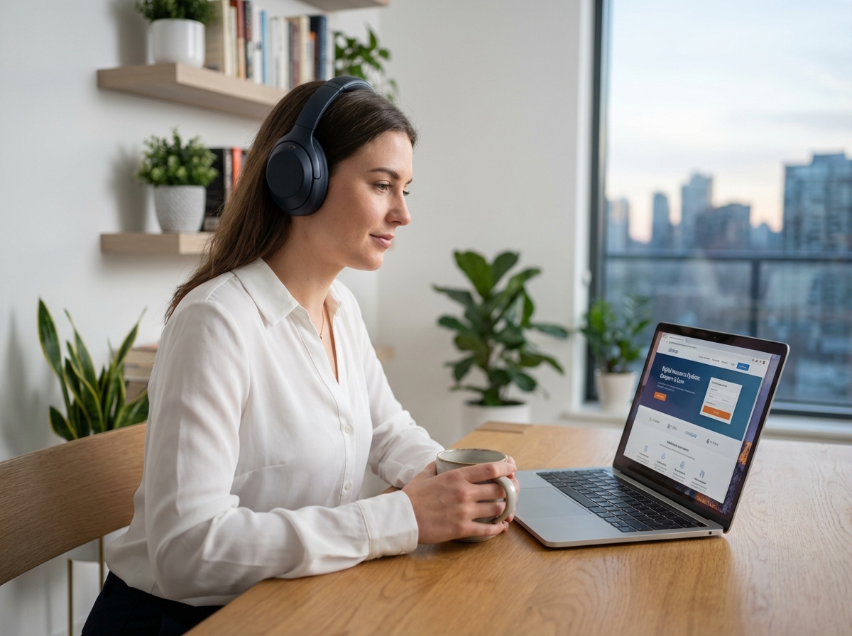 Jeune femme au bureau compare des options d'assurance