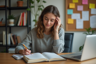 Jeune femme concentrée prenant des notes dans un bureau