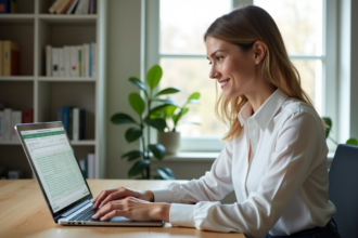 Femme concentrée travaillant sur un ordinateur dans un bureau lumineux
