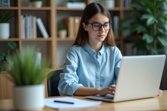 Jeune femme au bureau travaillant sur Excel à domicile