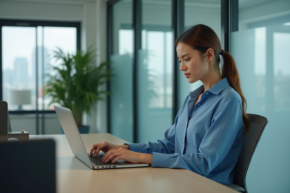 Jeune femme en bureau regardant son ordinateur portable